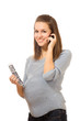 pregnant female with mobile phone, isolated on white background