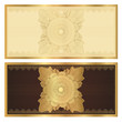 Gift certificate (voucher) template with pattern. Gold border