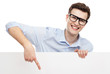 Photo: Man pointing at blank sign Man pointing at blank sign