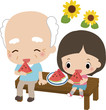 スイカを食べるおじいさんと女の子