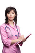 doctor woman writing in folder and stethoscope