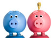 Two piggy banks with money in one.