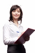 woman writing on clipboard