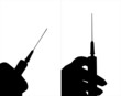 medical syringe with hand. black and white