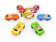 Colorful cars around euro sign.