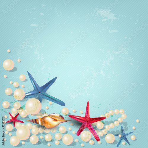 Vector: Vintage holiday banner with pearls and starfishes and place for Vintage holiday banner with pearls and starfishes and place for
