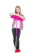 beautiful girl with pink mop over white