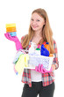 young housewife with cleaning supplies isolated on white backgro