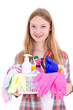 housewife with cleaning supplies isolated on white