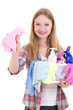 beautiful blond with cleaning equipment isolated on white backgr