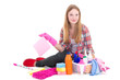 beautiful blond sitting with cleaning equipment isolated on whit