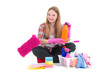 beautiful housewife sitting with cleaning equipment isolated on