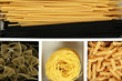 Different types of pasta in white wooden box sections close-up