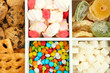 Multicolor candies and cookies in white wooden box close up