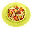 Noodles with vegetables on plate isolated on white