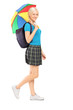 Full length portrait of a blond female student walking with umbr