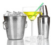 Metal ice bucket and shaker and cocktail isolated on white