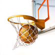 Illustration: Basket ball centering the basket, close up view. Basket ball centering the basket, close up view.