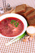Delicious borsch on table close-up
