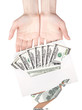 Hand and money in envelope isolated
