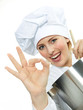 Foto: Female chef cook tasting delicious soup and shows ok Female chef cook tasting delicious soup and shows ok