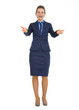Full length portrait of smiling business woman welcoming