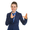 Happy business woman describing something