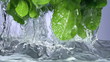 Fresh lettuce salad falls under water with a splash. 