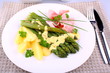 Green asparagus with prosciutto, potato, parsley and sauce