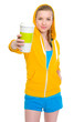 Happy teenager girl giving coffee cup