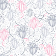 Vector: Vector gray and pink lily lineart seamless pattern background Vector gray and pink lily lineart seamless pattern background