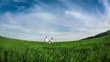 Happy family running in green field. Slow motion