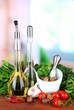 Composition of mortar, bottles with olive oil and vinegar, and