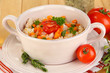 Delicious rice with vegetables and herbs in pot