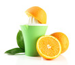 Citrus press and ripe oranges, isolated on white