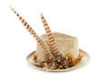 Hunting hat with pheasant feathers isolated on white background.