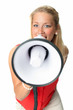 Blonde Frau  mit Megafon