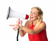 Blonde Frau  mit Megafon