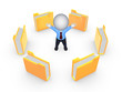 Illustration: Yellow folders around happy 3d small person. Yellow folders around happy 3d small person.