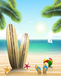 Surfboards on a beach with beach elements