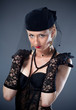 woman in hat and veil and underwear