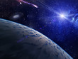 Planet with bright star on nebula background. With lens flare.