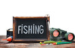 fishing gear and blackboard
