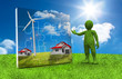 Photo: Green character presenting a jigsaw with houses and wind turbine Green character presenting a jigsaw with houses and wind turbine