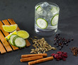 Gin tonic cocktail with cucumber cloves cardamom cinnamon and ju