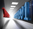 Illustration: Blue and red binary code in data center Blue and red binary code in data center