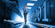 Businessman sprinting through data center