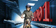 Child on bike in data center with binary code