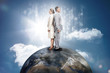 Business people on top of the world with computer matirx graphic