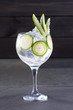 Gin tonic cocktail with cucumber and ice on black